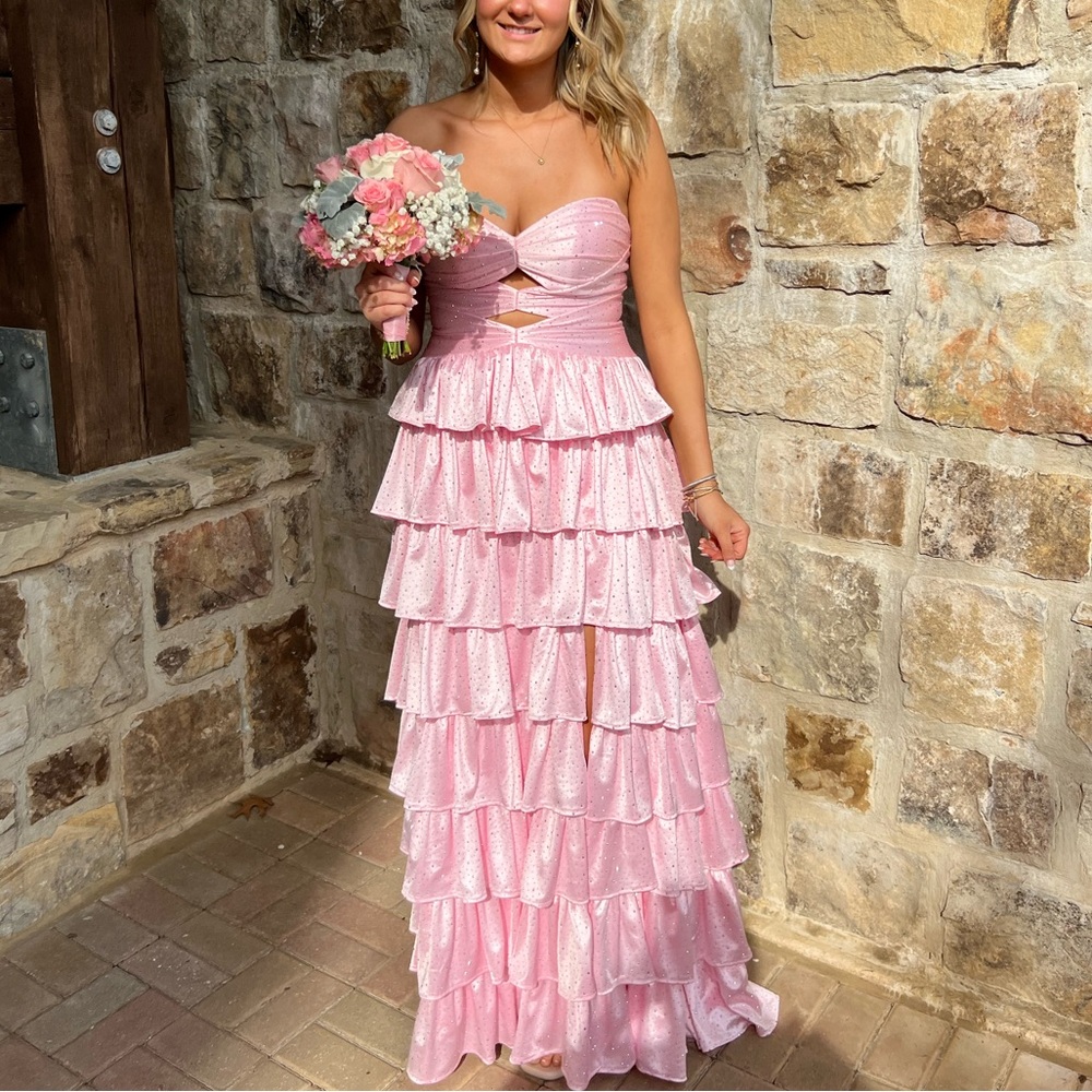 Dreamylily A Line Strapless Satin Prom Dress with Keyhole Pink size 10